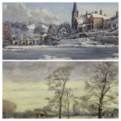 ANTHONY BAILEY watercolour - river scene, houses and church under snow, signed, 39 x 55cms and LIZ