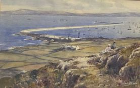 WARREN WILLIAMS A.R.C.A. watercolour - Expansive hilltop view of Holyhead Harbour with numerous