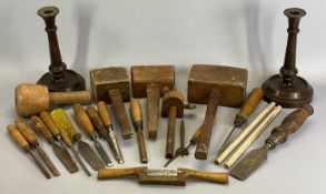 TREEN - vintage chisels, mallets, ETC, and a pair of old candlesticks