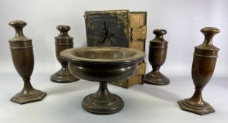 TREEN - Altar candlesticks and pedestal bowl and an old leather and brass bound family bible