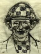 KAREL LEK pen and ink portrait - a hatted jockey or clown, signed, 26 x 20cms