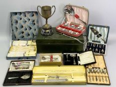 VINTAGE STRONG BOX, cased EPNS and other cutlery and a plated trophy cup, ETC