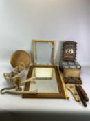 TREEN - parcel of vintage items including an oak desk calendar, mirror, foot stool, old scales, ETC