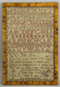 SAMPLER - 1828, alphabetic example, Sarah Ann Atkin aged 9 in a burr walnut effect frame, 47 x