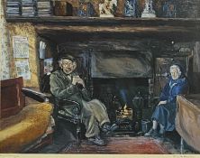 KEITH ANDREW RCA coloured print - elderly lady and gentleman sitting cosily by their cottage fire,