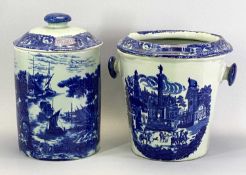 FLOW BLUE SLOP PAIL, LIDDED, 28cms tall, 28cms diam and a similar patterned Flow Blue large lidded