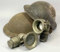 WWII TYPE MILITARY HELMETS (2) and two Lucas type vintage lamps - Powell & Hammer, 'Revenge' and
