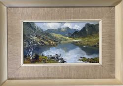 CHARLES WYATT WARREN oil on board - Snowdonia Lake scene with silver birch tree in the foreground,