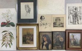 MIXED GROUP OF ARTWORKS - to include two small oils on board of a pensive young girl and two young