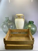 CARBOYS, 2 VINTAGE, a wooden crate and a tall pottery vase
