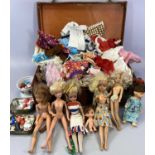 SINDY/BARBIE TYPE DOLLS with a large assortment of clothing and accessories in a vintage suitcase