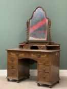 VINTAGE OAK TWIN PEDESTAL DRESSING TABLE with inlay detail and twist supports to the mirror,