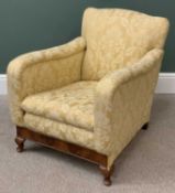 VICTORIAN MAHOGANY ARMCHAIR with classic yellow patterned neat upholstery, 76cms H, 69cms W, 57cms