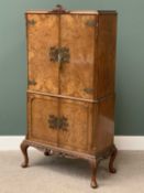 BURR WALNUT QUEEN ANNE STYLE COCKTAIL CABINET, labelled "Maple" with fitted and mirrored upper