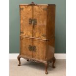 BURR WALNUT QUEEN ANNE STYLE COCKTAIL CABINET, labelled "Maple" with fitted and mirrored upper