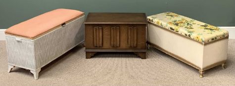 VINTAGE POLISHED OAK BLANKET BOX, having carved linenfold detail, 46cms H, 73cms W, 41cms D and