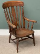 MAHOGANY HIGH BACK FARMHOUSE TYPE ARMCHAIR - with pierced central splat and curved crest rail, 98cms