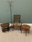 VINTAGE FURNITURE ASSORTMENT (4) - a retro metal coat stand, 170cms H, a rush seated ladderback