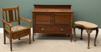 NARROW MAHOGANY SIDEBOARD with railback and two cupboard doors over a base drawer, 91cms H, 105cms