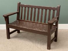 GARDEN BENCH - slatted, wooden and stained, 90cms H, 133cms W, 63cms D