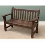GARDEN BENCH - slatted, wooden and stained, 90cms H, 133cms W, 63cms D