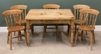 PINE FARMHOUSE DINING TABLE with end drawer, on turned supports, 76cms H, 118cms W, 92cms D and five