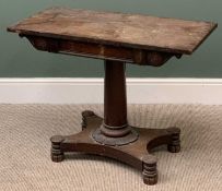ANTIQUE MAHOGANY HALL TABLE on single column with quatrefoil base on turned supports, 70cms H, 92cms