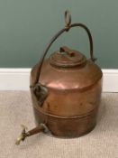 LARGE COPPER TEA URN, an excellent example with iron swing handle and tap, 73cms H, base diameter
