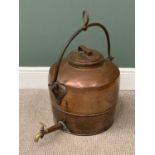 LARGE COPPER TEA URN, an excellent example with iron swing handle and tap, 73cms H, base diameter