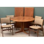 DANISH TEAK TYPE EXTENDING DINING TABLE & 4 CHAIRS - 71cms H, 125cms W, 125cms D the table, 80cms H,