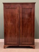 VICTORIAN MAHOGANY TWO DOOR WARDROBE - with dentil moulding cornice on shaped bracket supports and a