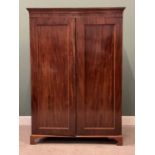 VICTORIAN MAHOGANY TWO DOOR WARDROBE - with dentil moulding cornice on shaped bracket supports and a