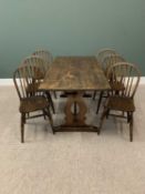 VINTAGE OAK REFECTORY TYPE TABLE - 75cms H, 153cms W, 175cms D and a set of six hooped and spindle