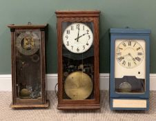 CLOCKS (3) - a vintage time recorder and two pendulum wall clocks, 83cms H the tallest