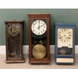 CLOCKS (3) - a vintage time recorder and two pendulum wall clocks, 83cms H the tallest