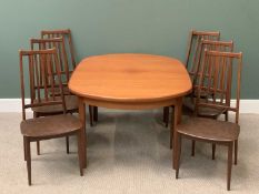MID-CENTURY TYPE TEAK EXTENDING DINING TABLE & 6 CHAIRS - 72cms H, 153cms W, 107cms D the table,