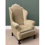 ANTIQUE WINGBACK ARMCHAIR - shaped crest back and foldover arms on ball and claw front supports,