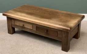 SUBSTANTIAL REPRODUCTION OAK COFFEE TABLE with two side drawers, 47cms H, 140cms W, 72cms D