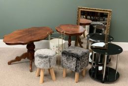 FURNITURE ASSORTMENT - to include two Italian style inlaid occasional tables, two furry stools,