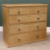 VINTAGE PINE CHEST of two short over three long drawers with turned wooden knobs, 113cms H, 118cms