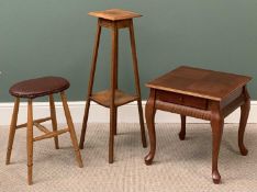 FURNITURE ASSORTMENT (3) - square top oak planter stand, rexine seated rustic stool and a