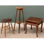 FURNITURE ASSORTMENT (3) - square top oak planter stand, rexine seated rustic stool and a