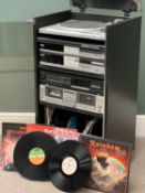 HIFI SEPARATES - Hitachi and Teac in a cabinet with a quantity of LPs to include Rainbow, Queen,