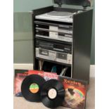 HIFI SEPARATES - Hitachi and Teac in a cabinet with a quantity of LPs to include Rainbow, Queen,