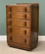 VINTAGE OAK NARROW CHEST OF FIVE DRAWERS, 126cms H, 76cms W, 50cms D