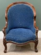 VICTORIAN MAHOGANY SALON ARMCHAIR with blue upholstery and carved detail, 82cms H, 60cms W, 46cms D