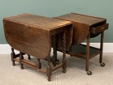 VINTAGE OAK BARLEY TWIST GATE LEG TABLE, 73cms H, 122cms W (open) and a similar era tea trolley with