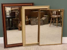 MIRRORS (3) - a wooden framed bevelled glass large example, 107 x 76cms and two other gilt and