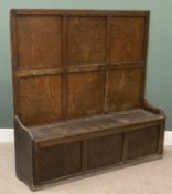 CIRCA 1900 OAK BOX SEAT SETTLE with panelled back, 151cms H, 153cms W, 38cms D