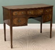 GEORGE III STYLE BOW FRONTED SIDEBOARD having three upper drawers, tapered spade supports, 91cms